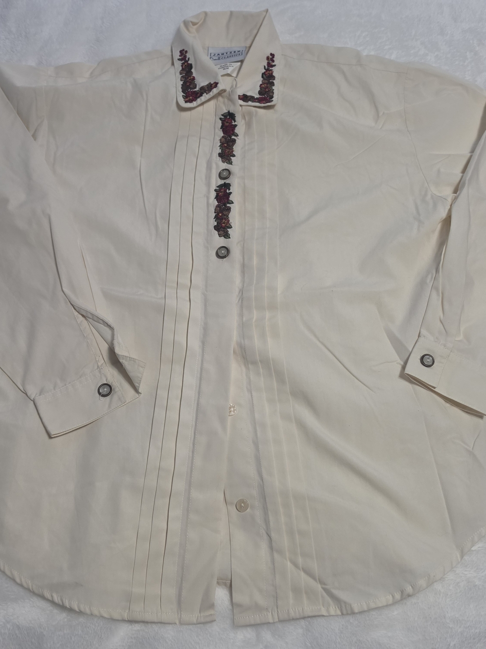 Jantzen Cream Blouse with Burgundy Floral Acorn Embroidery